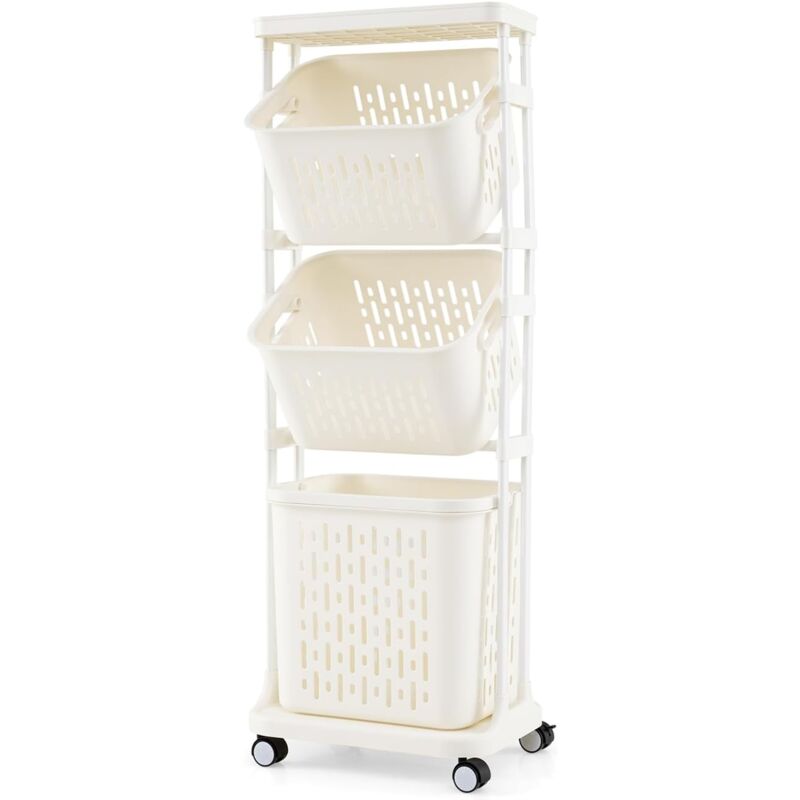 Panier a Linge à 3 Niveaux, 4 Roulettes, 2 Petits Paniers et 1 Grand Panier, Panier à Linge avec Poignées pour Salle de Bain, Buanderie, 40x30x112cm
