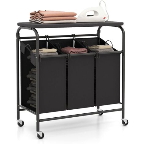 GOPLUS Panier a linge à 3 Sacs Amovibles, Panier à Linge à Roulettes Verrouillables avec Planche à Repasser Pliable pour Buanderie, Salle de Bain, Noir et Gris