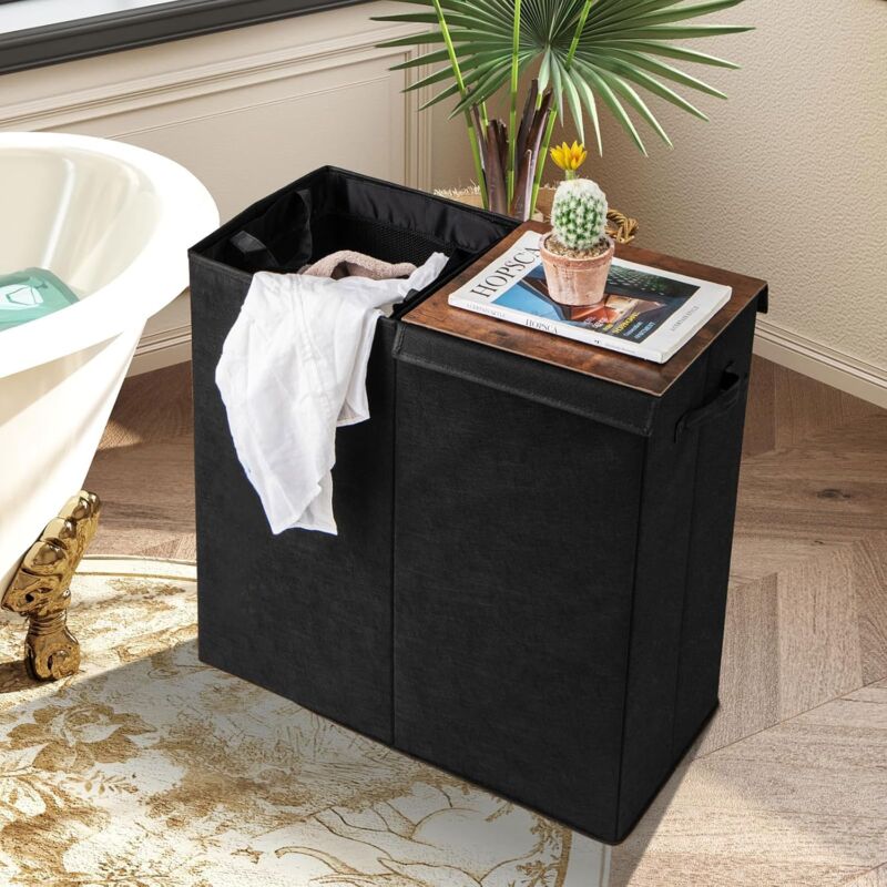 Panier à Linge avec 2 Compartiments de Tri 105L, Corbeille à Linge avec Couvercles, 2 Poignées Latérales en Tissu, Panier à Linge Sale pour