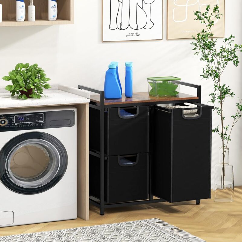 Panier à Linge avec Etagère et 3 Sacs Amovibles, Panier à Linge avec Compartiments Coulissants, Pieds Réglables, Trieur de Linge Spacieux, pour