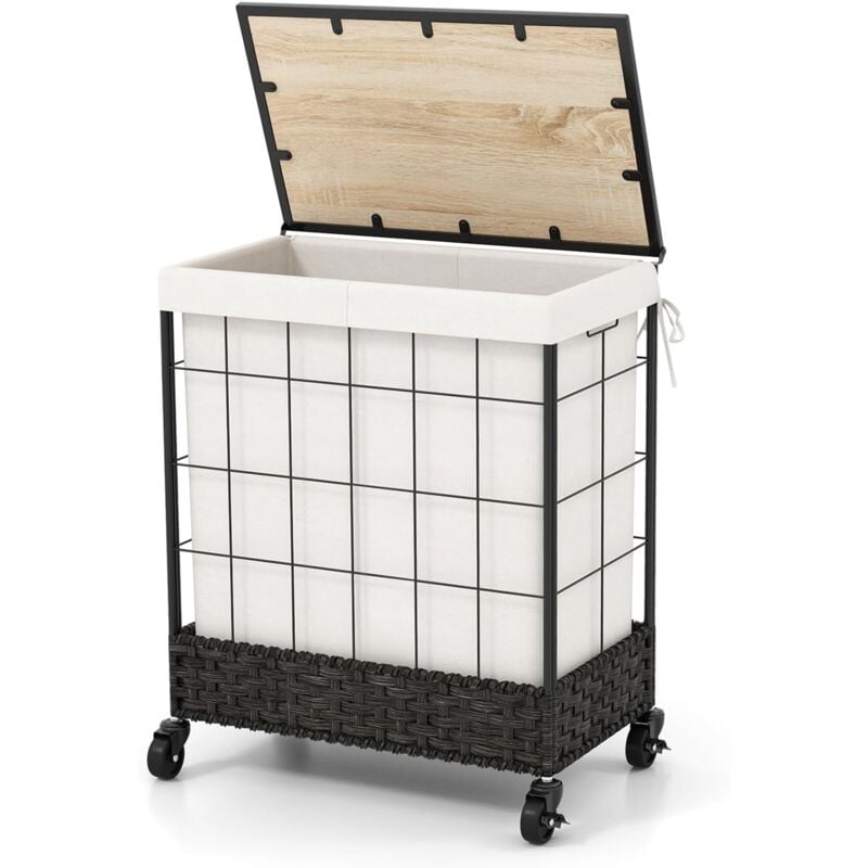 GOPLUS Panier à Linge avec Roulettes, Panier à Linge Sale avec Couvercle en Bois, Sac à Doublure Amovible Divisé, Trieur à Linge en Métal Grande