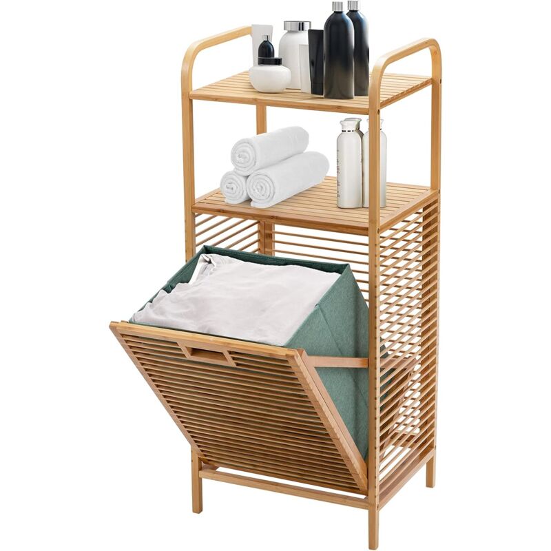 Panier a Linge en Bambou Inclinable, Corbeille Amovible, avec 2 Couches Ouvertes, Etagere Resistant a la Corrosion et aux Mites, Ideal pour Salle de