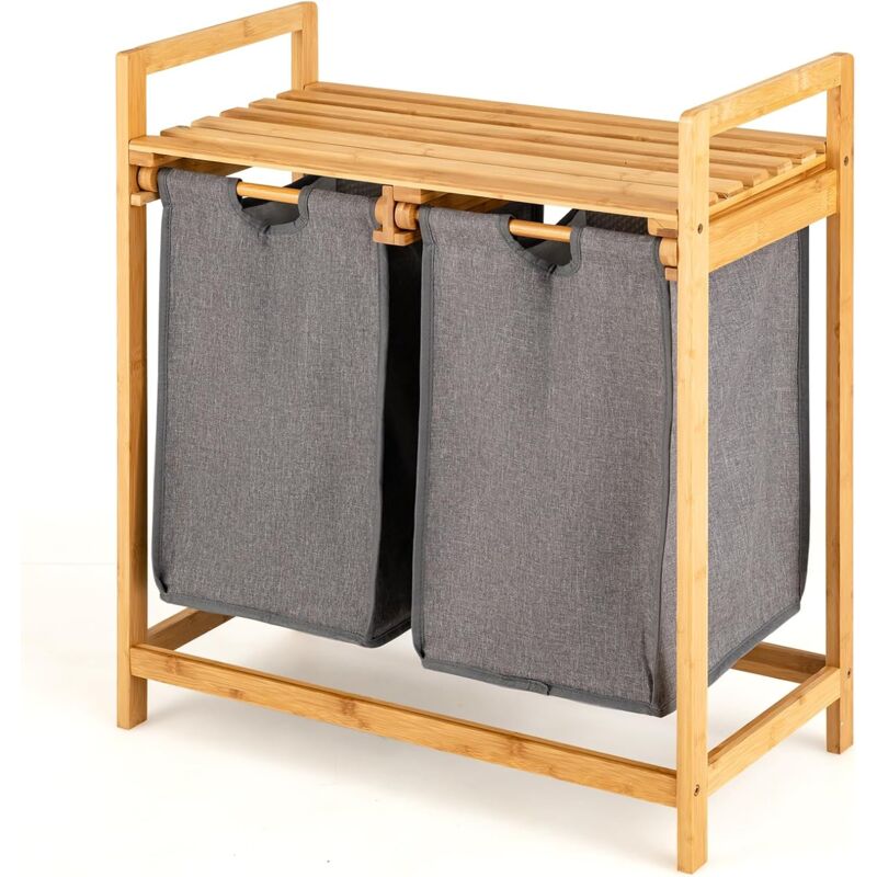 Panier à Linge en Bambou, Tireur à Linge avec 2 Compartiments, Corbeille à Linge Sale avec Étagère de Rangement, Sac à Linge avec Poignée Pratique,