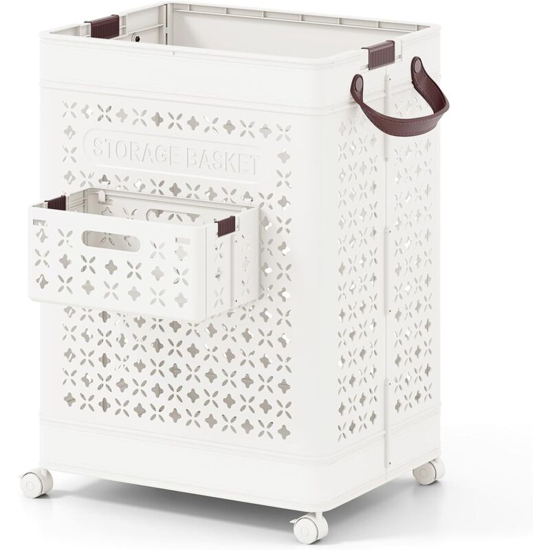 Panier à Linge Pliant, Chariot à Linge Mobile avec Petit Panier Latéral, Roulettes Verrouillables, Poignées Pratiques, Organiseur Pliable pour