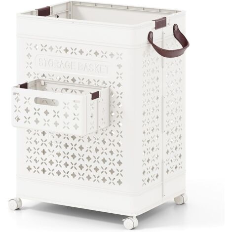 GOPLUS Panier à Linge Pliant, Chariot à Linge Mobile avec Petit Panier Latéral, Roulettes Verrouillables, Poignées Pratiques, Organiseur Pliable pour Buanderie (43,5x34x61CM)