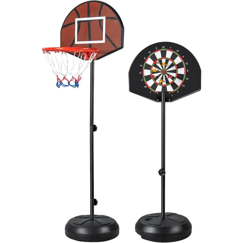 Panier de Basket-Ball avec Cible de Fléchettes et 6 Fléchettes, Hauteur Réglable 130-180 cm, Base Remplissable, Panier de Basket pour Intérieur et