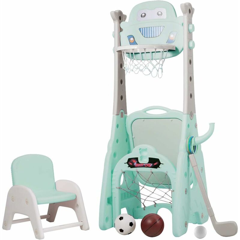 GOPLUS Panier de Basketball pour Enfants 6 en 1 Réglable en Hauteur avec Chaise, Support de Panier de Basket Multifonctionnel avec Accessoires