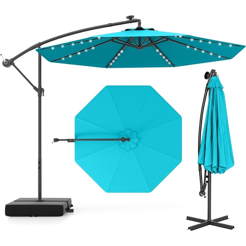 Goplus - Parasol de Jardin avec 32 Lampes Solaires, Parasol Déporté Inclinable Ø300CM avec Pied de Support, pour Jardin/Plage, Turquoise