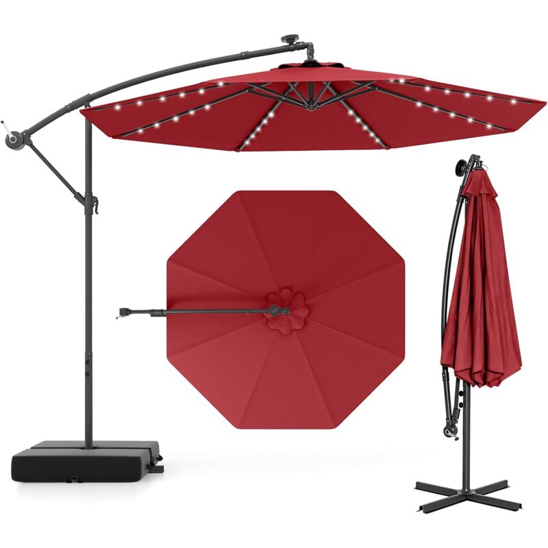 Goplus - Parasol de Jardin avec 32 Lampes Solaires, Parasol Déporté Inclinable Ø300CM avec Pied de Support, pour Jardin/Plage, Bordeaux