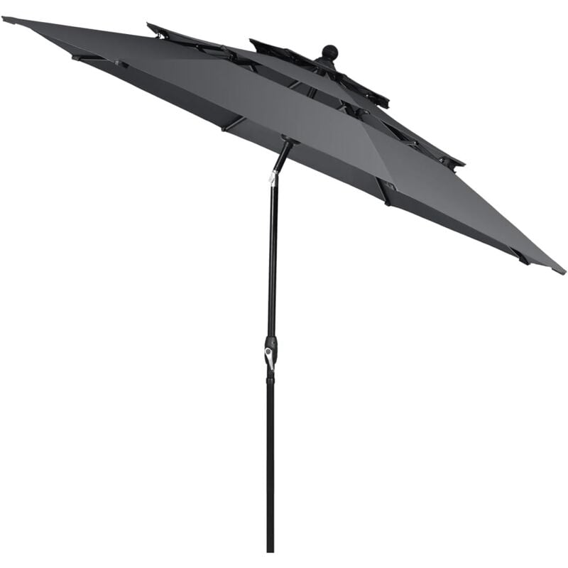 Parasol de Jardin D.300xH.240CM à 3 Couches-Inclinable avec Manivelle-Mât en Aluminium avec 8 Baleines,sans Pied,Gris - Goplus