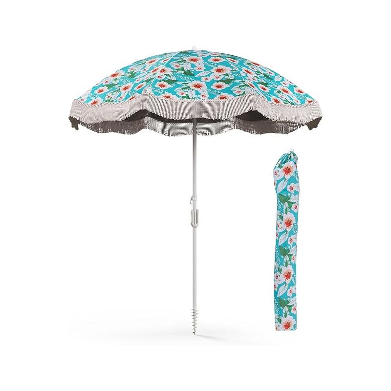 Parasol de Jardin Exterieur 2M, Parasol de Plage Rond avec 8 Baleines, Parasol Inclinable avec Bouton-poussoir, Sac de Transport, Grand Parasol