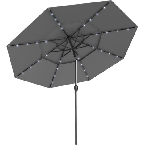 GOPLUS Parasol de Jardin Exterieur avec 32 Lumières LED, 3M Parasol Balcon Inclinable avec Toit à 3 Niveaux, 8 Baleines, Manivelle, Protection Solaire, pour Terrasse, Plage, Patio (Gris)