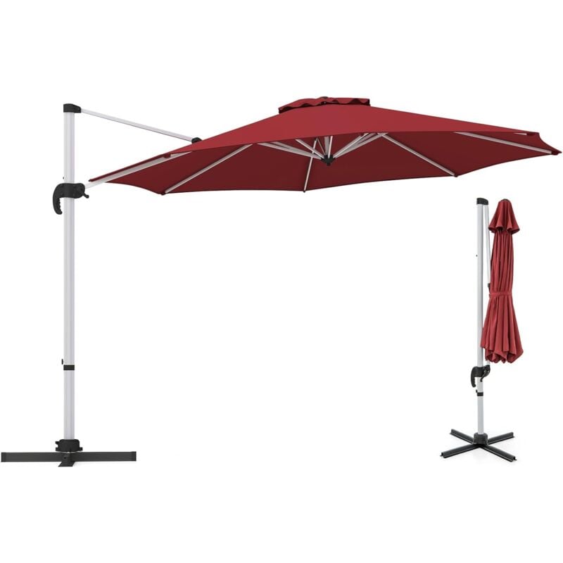 Goplus - Parasol de Jardin Extérieur 3x3M, Parasol Déporté, Inclinable à 5 Angles, Rotatif à 360°, Pied en Croix, UPF50+, Rond, en Alu, Bordeaux