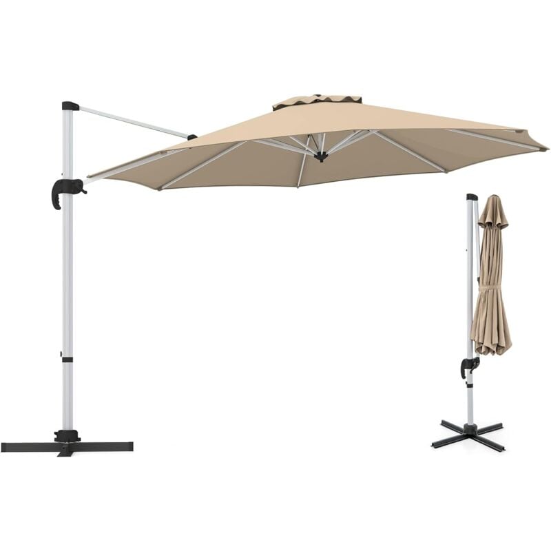 Parasol de Jardin Extérieur 3x3M, Parasol Déporté, Inclinable à 5 Angles, Rotatif à 360°, Pied en Croix, UPF50+, Rond, en Alu, Beige - Goplus