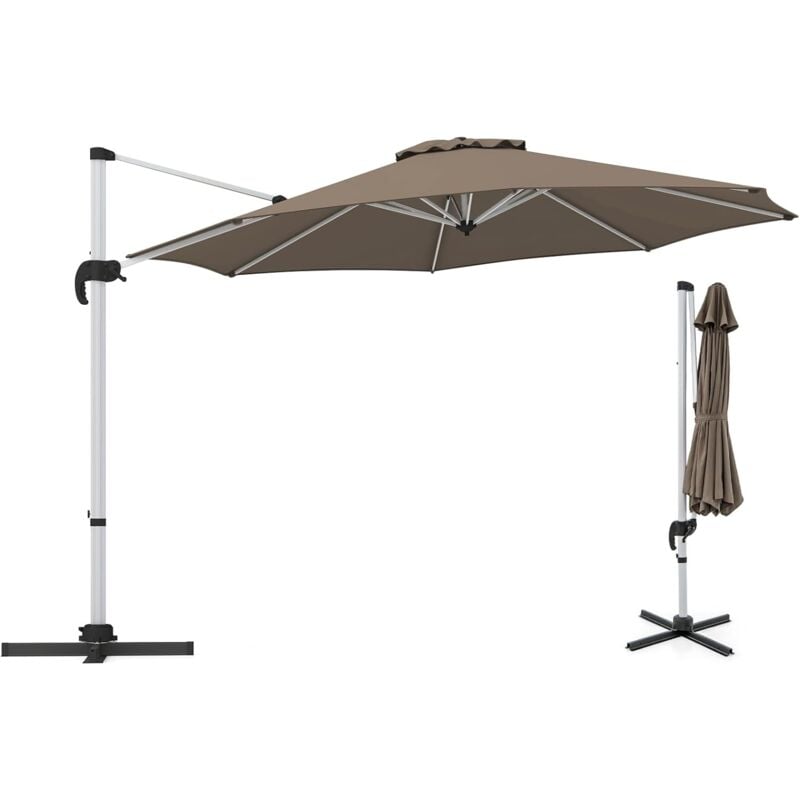 GOPLUS Parasol de Jardin Extérieur 3x3M, Parasol Déporté, Inclinable à 5 Angles, Rotatif à 360°, Pied en Croix, UPF50+, Rond, en Alu, Chocolat