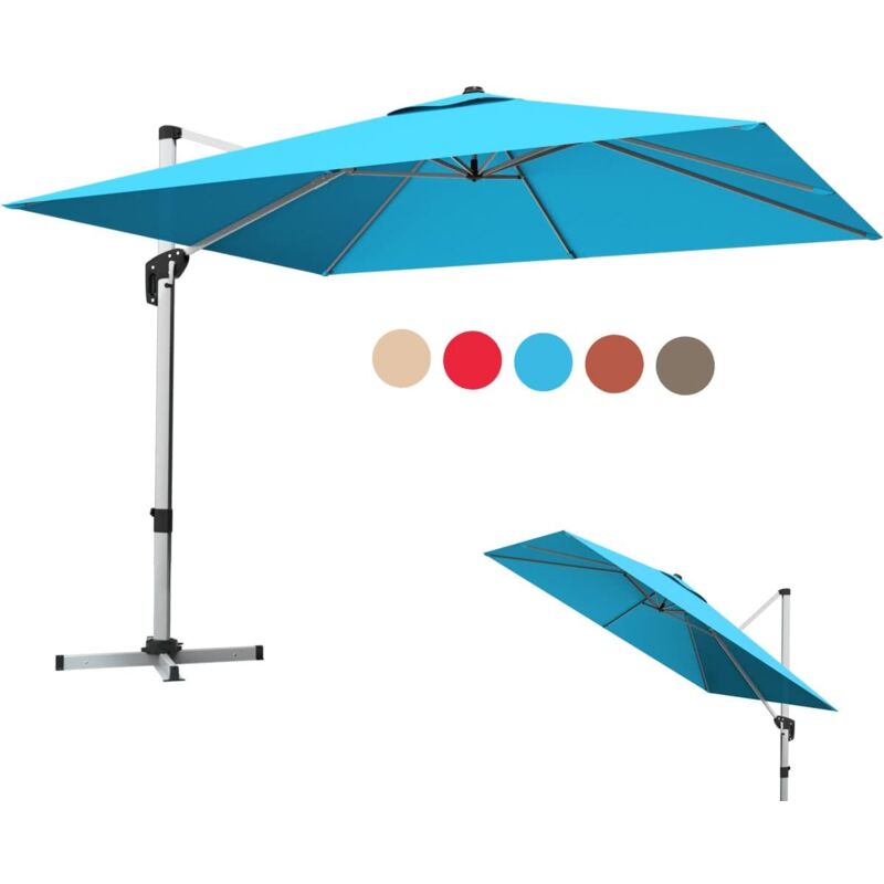 Goplus - Parasol de Jardin Extérieur 3x3M, Parasol Déporté, Inclinable à 5 Angles, Rotatif à 360°, Pied en Croix, UPF50+, Carré, en Alu, Bleu
