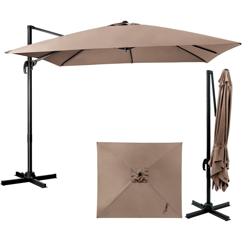 GOPLUS Parasol de Jardin Extérieur 3x3M, Parasol Déporté, Inclinable à 5 Angles, Rotatif à 360°, Pied en Croix, UPF50+, Carré, en Fer, Chocolat