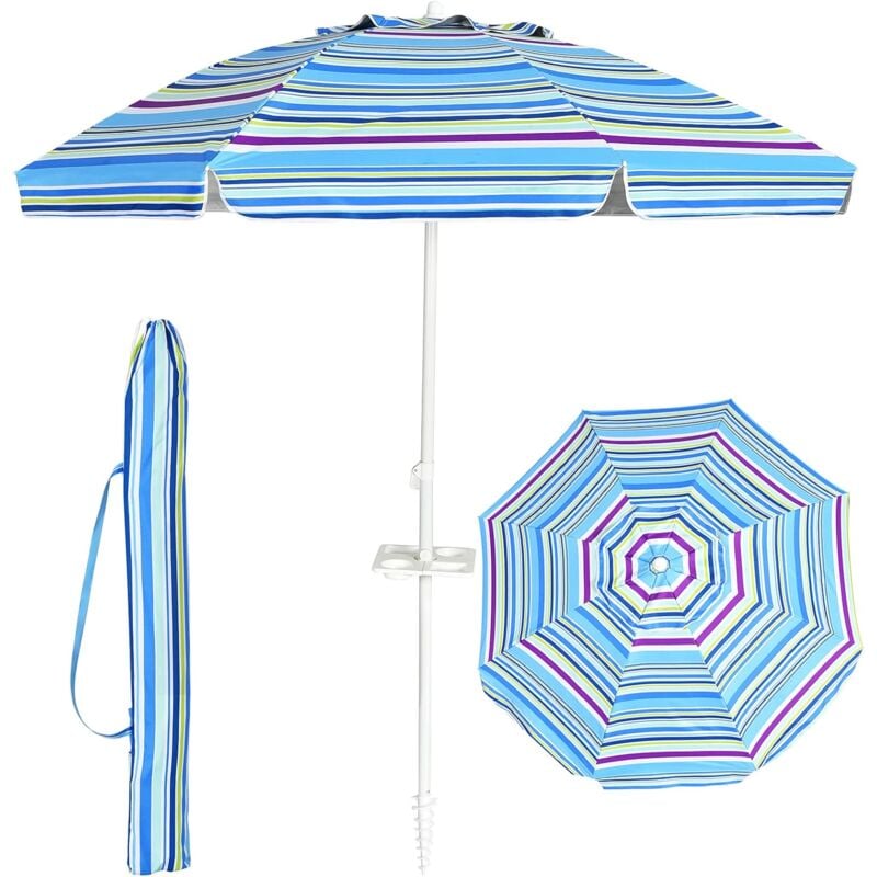 Parasol de Plage D199xH173CM-Tête Inclinable avec Porte-gobelet/Auvent/Sac/Bord Rabattu-8 Baleines-Pointe en Vrille-Bleu Claire - Goplus