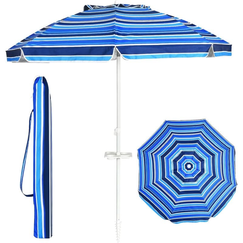 GOPLUS Parasol de Plage D199xH173CM-Tête Inclinable avec Porte-gobelet/Auvent/Sac/Bord Rabattu-8 Baleines-Pointe en Vrille-Bleu Foncé