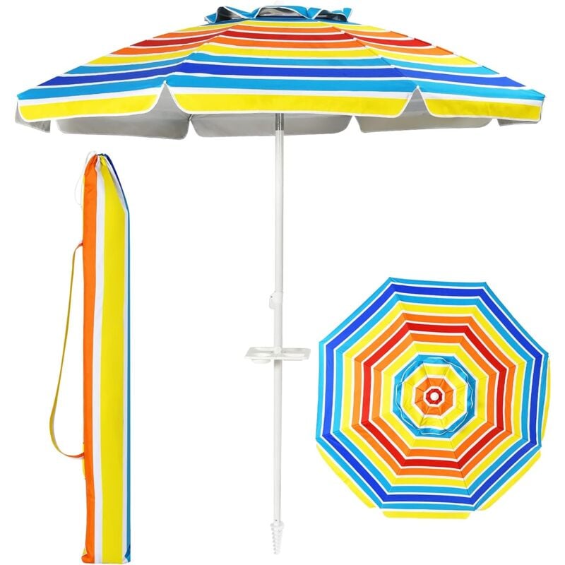 Parasol de Plage D199xH173CM-Tête Inclinable avec Porte-gobelet/Auvent/Sac/Bord Rabattu-8 Baleines-Pointe en Vrille-Muiticolore - Goplus