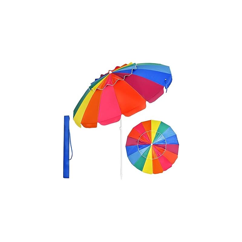 Parasol de Plage D222xH185CM Tête Inclinable avec Auvent/Sac/Bord Rabattu-16 Baleines en Fibre Verre-Pointe en Vrille-Multicolore - Goplus