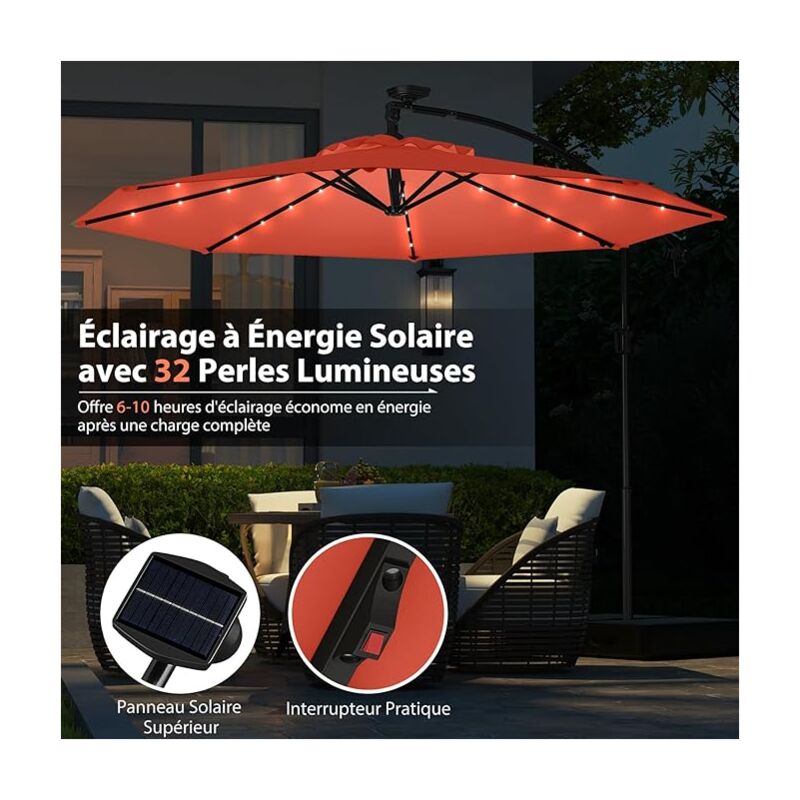 Goplus - Parasol Déporté Ø3M, Parasol pour Terrasse, Parasol Inclinable, Rotatif à 360°, avec Pied en Croix, 32 led, Orange