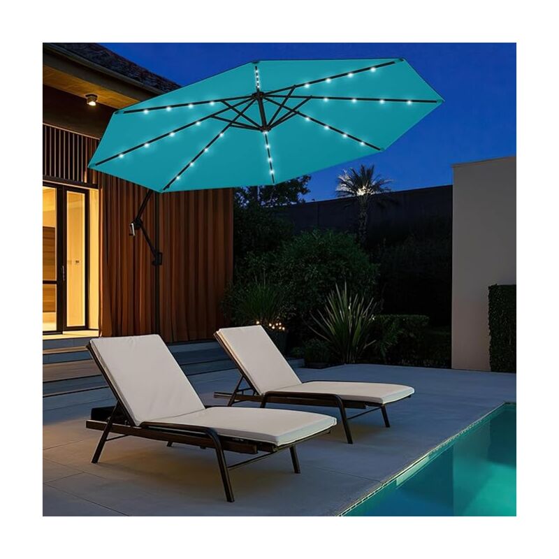 Goplus - Parasol Déporté Ø3M, Parasol pour Terrasse, Parasol Inclinable, Rotatif à 360°, avec Pied en Croix, 32 led, Turquoise