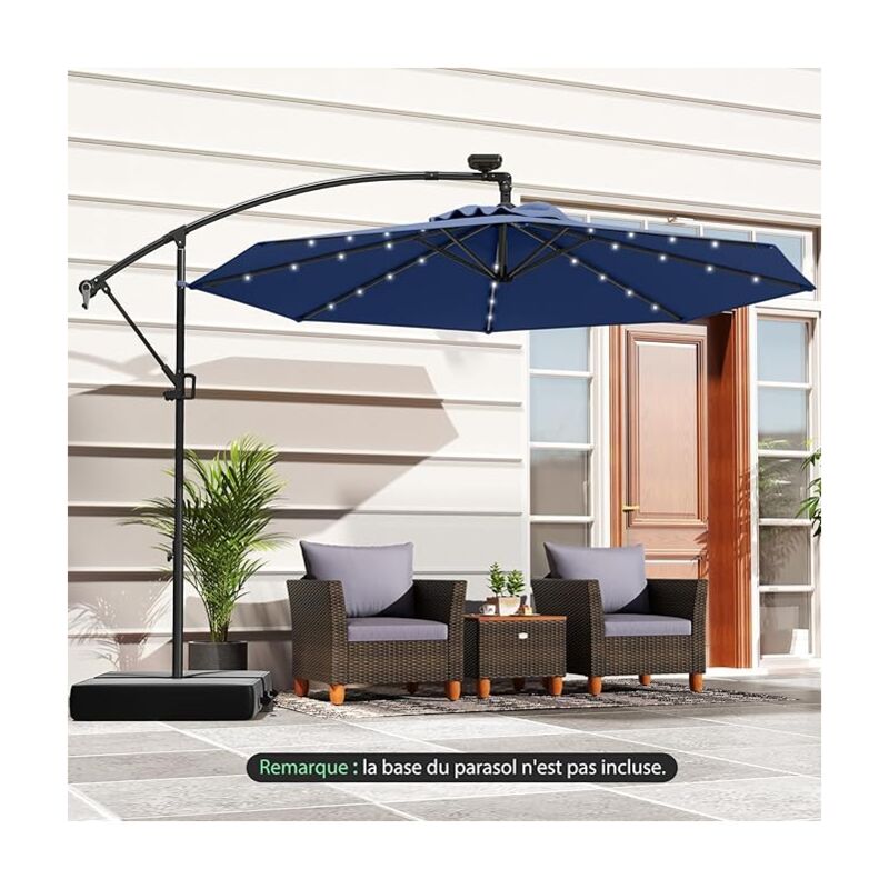 Goplus - Parasol Déporté Ø3M, Parasol pour Terrasse, Parasol Inclinable, Rotatif à 360°, avec Pied en Croix, 32 led, Bleu Foncé