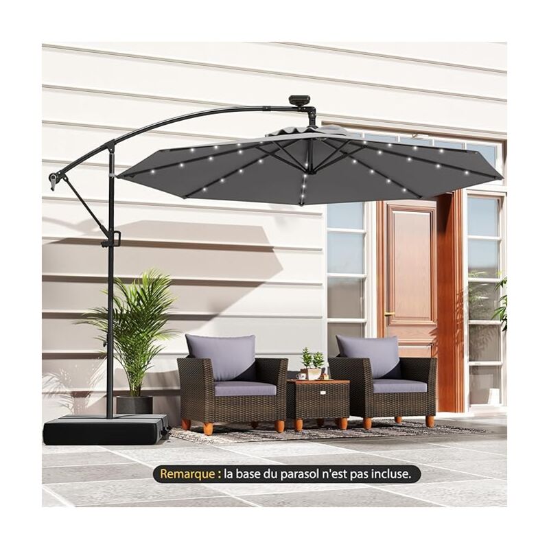 Parasol Déporté Ø3M, Parasol pour Terrasse, Parasol Inclinable, Rotatif à 360°, avec Pied en Croix, 32 led, Gris - Goplus