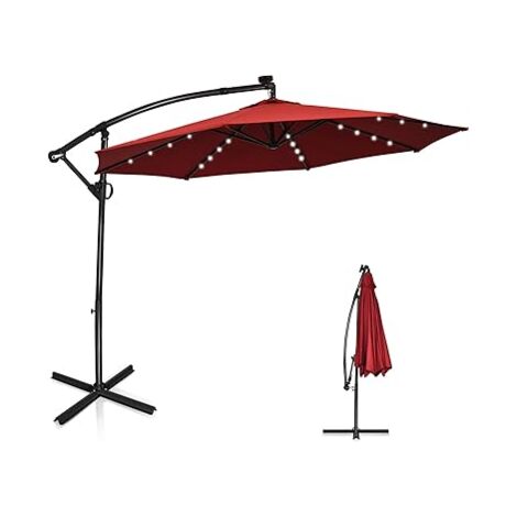 GOPLUS Parasol Déporté Ø3M, Parasol pour Terrasse, Parasol Inclinable, Rotatif à 360°, avec Pied en Croix, 32 LED, Rouge