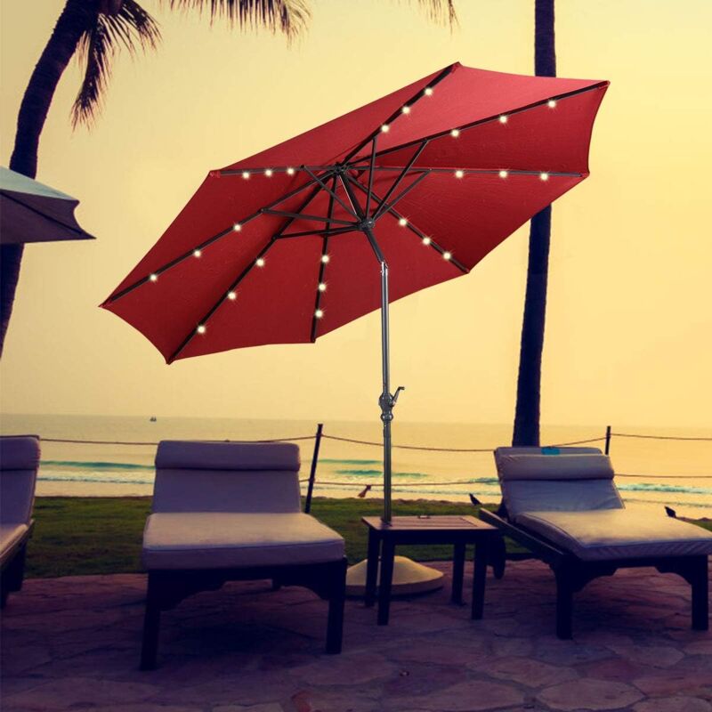 Parasol Déporté d. 2,7m avec 18 led 1,5W, 6 Baleines Robustes pour Plage/Café/Balcon, Imperméable et Inclinable, Rouge - Goplus