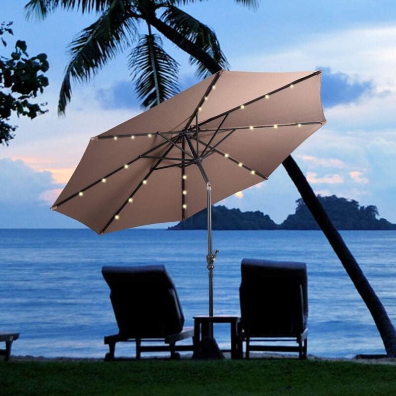 Parasol Déporté d. 2,7m avec 18 led 1,5W, 6 Baleines Robustes pour Plage/Café/Balcon, Imperméable et Inclinable, Brun - Goplus
