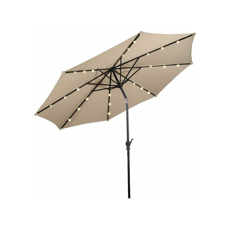 Parasol de Jardin D.300CM-Parasol Patio Droit Inclinable 24 led Solaire-Poteau Métallique avec Manivelle-Beige(sans Base) - Goplus