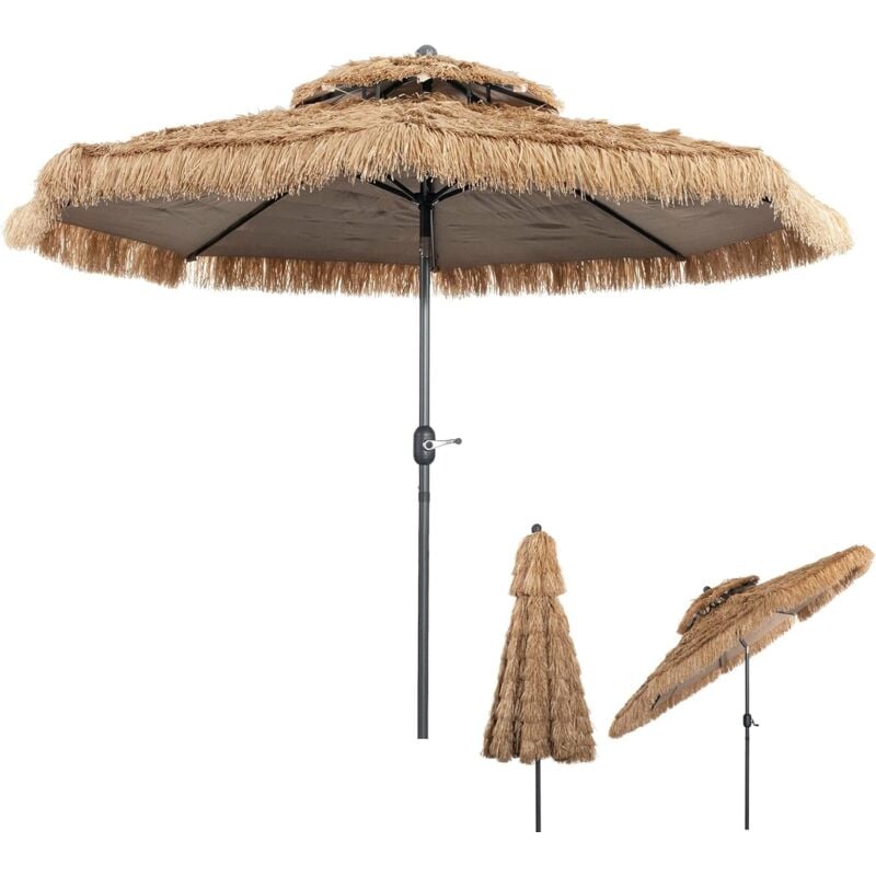 GOPLUS Parasol en Paille PE D.285xH.260cm avec Toit Inclinable-Parasol Chaume de Style Hawaïen Tropical 8 Baleines-pour Patio/Terrasse/Jardin(sans