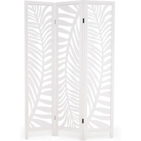 GOPLUS Paravent Interieur 121 x 170 cm, Cloison de Separation Interieur 3 Panneaux avec Cadre en Bois Naturel de Paulownia, Motifs Feuille, Separateur de Pieces pour Chambre à Coucher, Balcon, Blanc