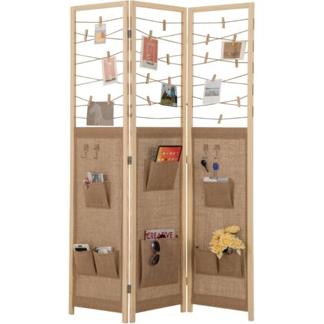 GOPLUS Paravent Interieur 3 Panneaux en Faux Lin avec 8 Poches, 4 Crochets, Cordes en Jute et 20 Pinces en Bambou, Cloison de Séparation Pliable, pour Maison, Bureau (120x170CM,Naturel Clips)
