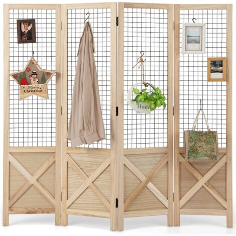 GOPLUS Paravent Interieur Pliant 4 Panneaux, Séparateur de Pièce Cloison de Séparation avec Grillage Métallique, Écran Décoratif de Confidentialité, pour Bureau, Maison (151x144CM,Naturel)