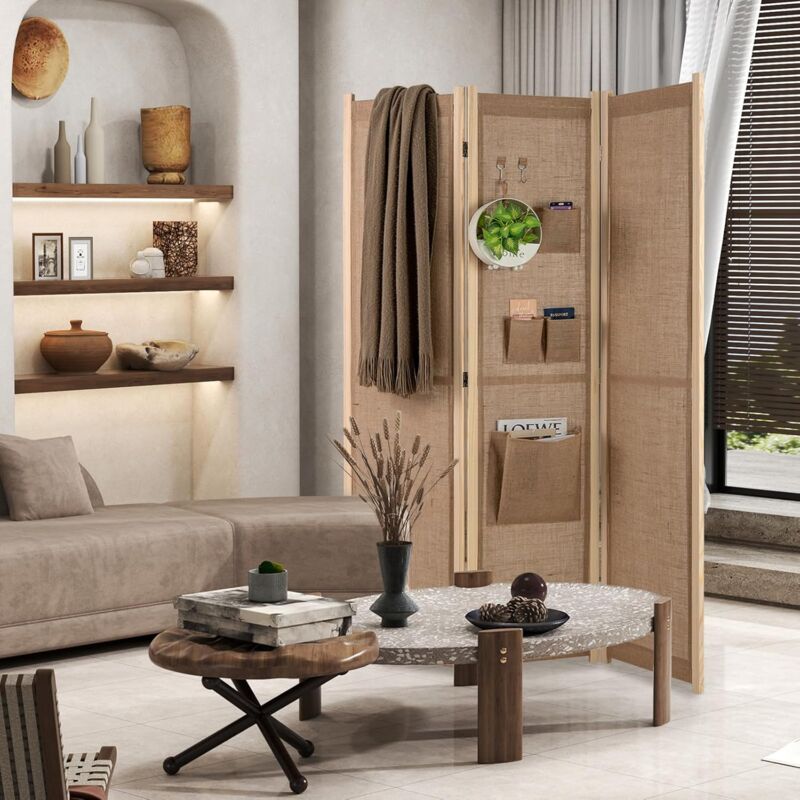 Paravent Pliable à 3 Panneaux120x170cm en Faux Lin avec Poche+Crochet,Patins Antidérapants,Cadre en Bois,Marron - Goplus