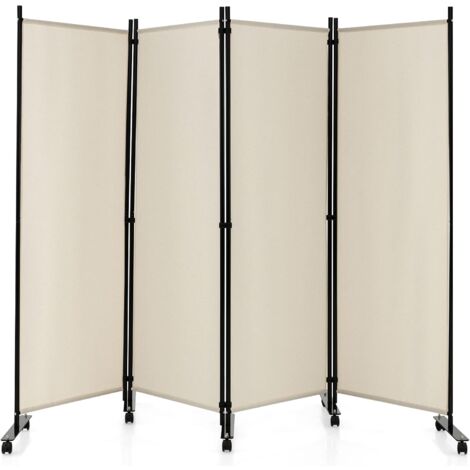 GOPLUS Paravent Séparation Pliable 4 Panneaux avec roulettes, 173×225CM, Cadre en Métal, Idéal pour Salon,Bureau,Hôpital,Blanc