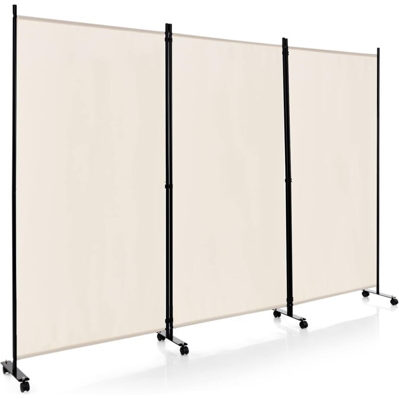 Paravent Séparation Pliant avec Roulettes-Cadre en Métal-Idéal pour Maison,Bureau,Hôpital,260x180CM,3 Panneaux,Beige - Goplus