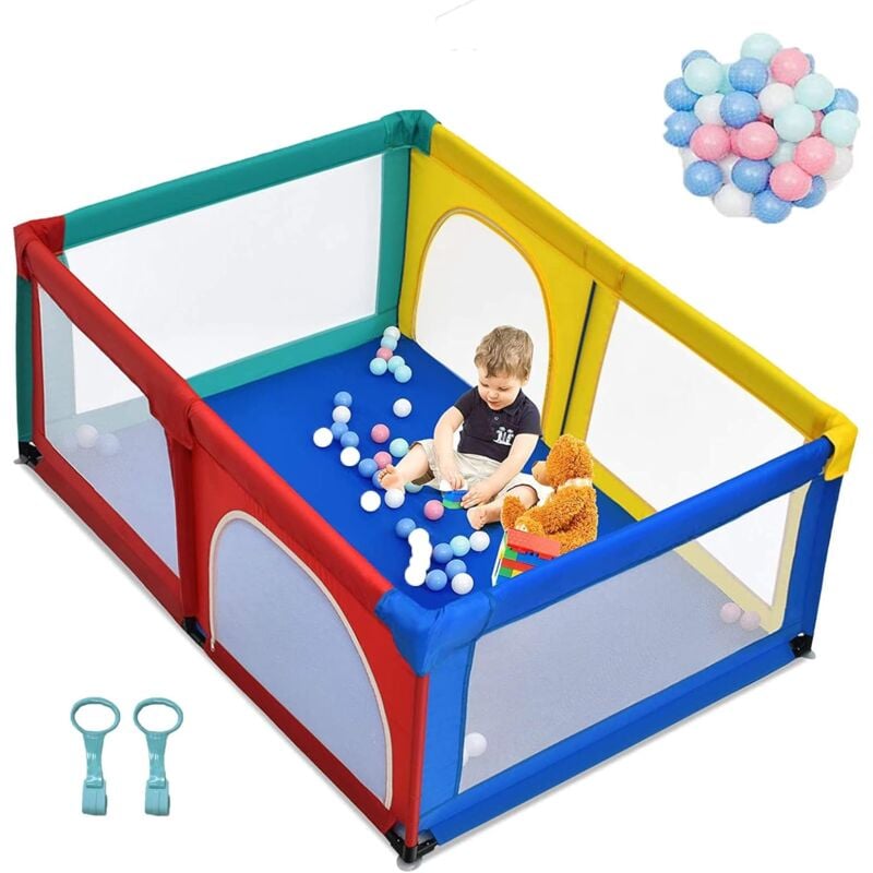 Parc Bébé 10 Mois à 6 Ans, Parc Bebe en maille avec Balles et 4 Anneaux, Centre D'activités de Parc Enfant, Idéal pour Intérieur et Extérieur