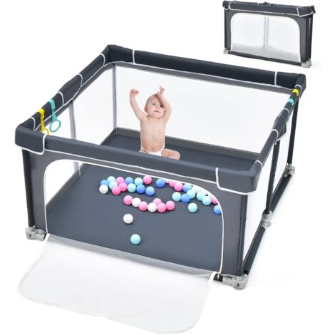 GOPLUS Parc Bébé 10 Mois à 6 Ans, Parc Bebe en maille avec Balles et 4 Anneaux, Centre D'activités de Parc Enfant, Idéal pour Intérieur et Extérieur,Gris Foncé