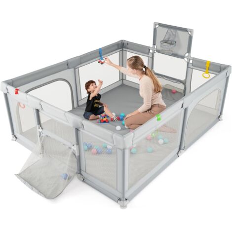 GOPLUS Parc Bebe 188 x 157 cm, Parc Enfant Portable avec Panier de Basket, But de Football, 50 Balles Océaniques, 4 Anneaux, Sac de Transport, Centre d'Activités pour 0-36 Mois (Gris)