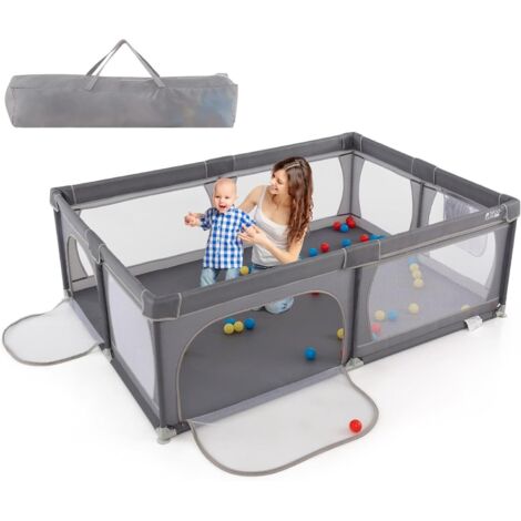 GOPLUS Parc Bébé avec 50 Boules Océaniques et Grande Porte à Fermeture Éclair, Sac Portable, Clôture pour Tout-petits de 0-3 Ans avec Maille Respirante, Ventouses, Aire de Jeu 206×147×68,5CM (Gris)