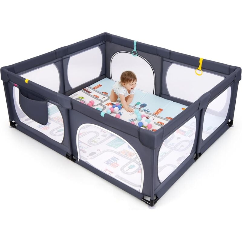 GOPLUS Parc Bébé avec Tapi, Grand Parc Bébé 189x158 CM avec 4 Anneaux de Traction, 50 Balles Océaniques, Sac de Transport, Parc en Maille Respirante