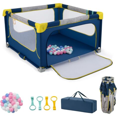 GOPLUS Parc Bebe Pliable 127x127cm, Parc Enfant Modulable avec 50 Balles Océaniques, 4 Poignées, Maille Respirante, Sac de Transport, Centre d'Activités pour 0-3 Ans (Bleu)