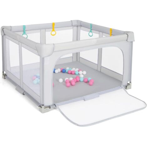 GOPLUS Parc Bebe Pliable 127x127cm, Parc Enfant Modulable avec 50 Balles Océaniques, 4 Poignées, Maille Respirante, Sac de Transport, Centre d'Activités pour 0-3 Ans (Gris)