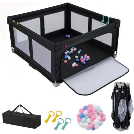 GOPLUS Parc Bebe Pliable 150x150cm, Parc Enfant Modulable avec 50 Balles Océaniques, 4 Poignées, Maille Respirante, Sac de Transport, Centre d'Activités pour 0-3 Ans