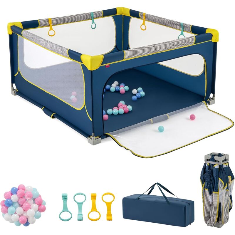 Parc Pliable pour Bébé 0-3Ans - 150x150x76,5CM - avec 50 Balles Océaniques/4 Poignées/Sac de Transport - Bleu - Goplus