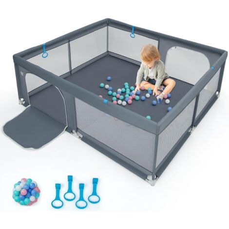 GOPLUS Parc pour Bébé, Parc de Jeu pour Tout-Petit avec Maille Respirante, 4 Anneaux, Balles Océaniques, Barrière pour Bébé avec Porte, Centre d'Activités Intérieur pour Enfants,180X200CM(Gris)